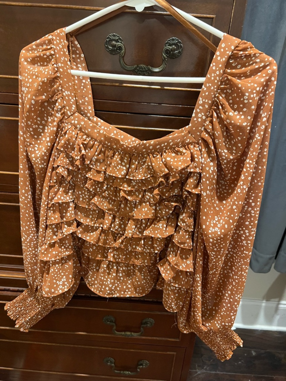 She + Sky Rust Dot Ruffle Square-Neck Blouse